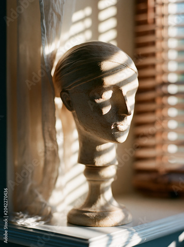 Classical sculpture illuminated by striped sunlight