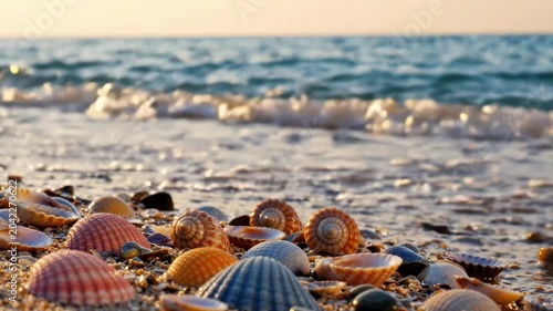 Seashells scattered on a sandy beach with ocean wave in background