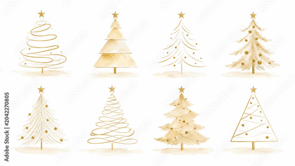 Obraz premium bright holiday Golden Christmas Tree Collection isolated watercolor vector illustration svg