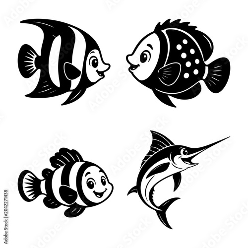 Cute tropical fish cartoon silhouette collection with angelfish clownfish spotted fish and swordfish, funny black and white marine vector illustration isolated on white background