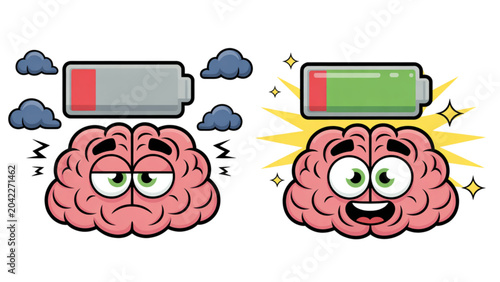 Bild auf Leinwand Pixel art brain with low battery and fully charged battery icons showing burnout
