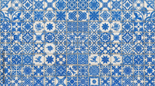 Background texture of classic blue and white azulejo tiles for mediterranean architectural wallpaper and professional interior backdrop design with traditional mosaic pattern 4k