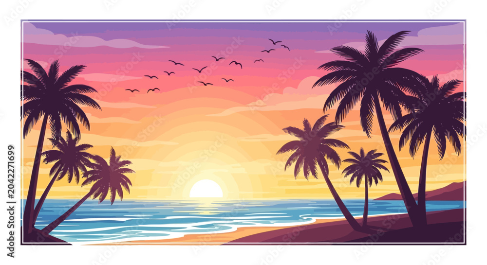 Fototapeta premium Vibrant Tropical Beach Sunset with Palm Trees and Flying Birds