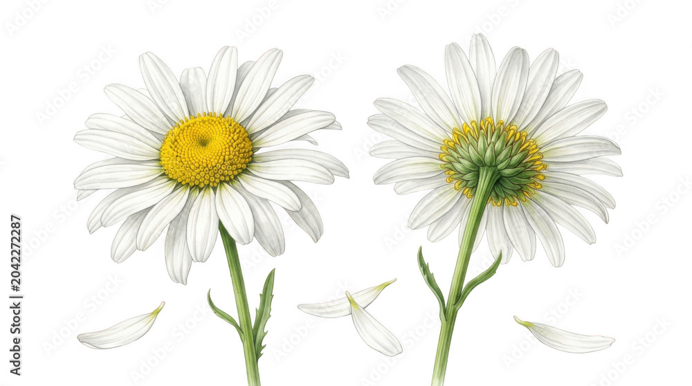 Fototapeta premium Close-up white daisies with yellow centers isolated on bright white background