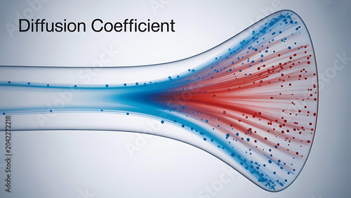 Scientific visualization of particle diffusion coefficient with red and blue particles flowing through a transparent tube