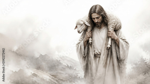 Jesus carrying a sheep. Biblical concept religious theme. Artistic minimalist art with copy space.