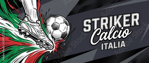 Soccer Kick Football Shoe Cleat striking ball with Italian flag colors splash in comic pop art style. Dynamic sports banner background design, graphic illustration for striker cup tournament game day.