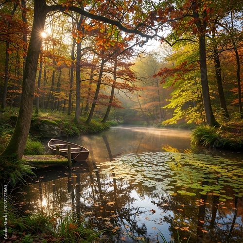 Tranquil autumn forest scene with misty lake, lone boat, and vibrant fall foliage