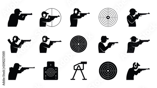 Set of 15 Black Silhouette Shooting Range Icons Vector