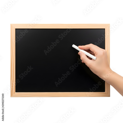 Hand writing on a blackboard with chalk isolated on white background