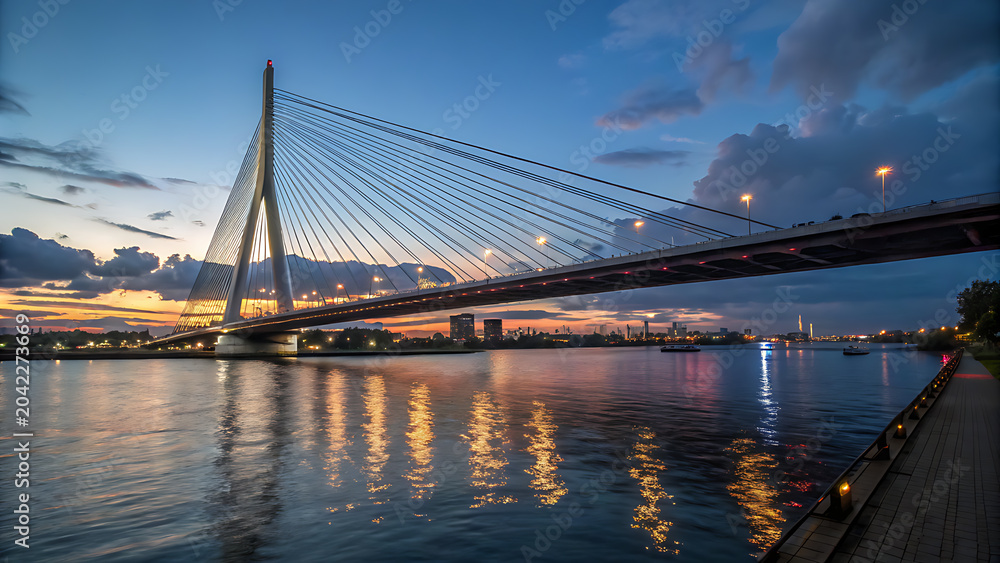 Obraz premium Large cablestayed bridge over water at dusk with city lights