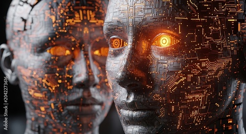 Two metallic humanoid busts with glowing orange eyes and circuit patterns