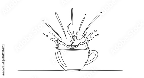 Canvas Print Continuous Line Drawing of Coffee Splash in Cup, Minimalist Style, Freshness Con
