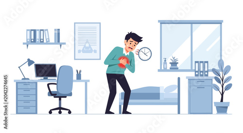 Man Experiencing Severe Chest Pain Heart Attack While Working Or At Home Illustration