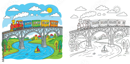 Foto Cartoon Train on Bridge Over River with Coloring Page Version, Locomotive with C