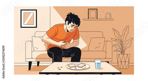 Man Experiencing Stomach Pain While Sitting in His Living Room Feeling Unwell