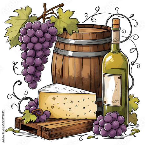 Wine tasting doodle set with grapes cheese barrel and bottles illustration