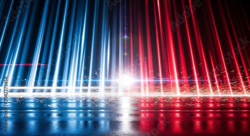 Two abstract, illuminated columns of red and blue light against dark background