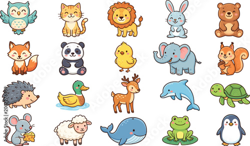 Photography Cute animals cartoon character vector illustration set, funny wildlife and domes