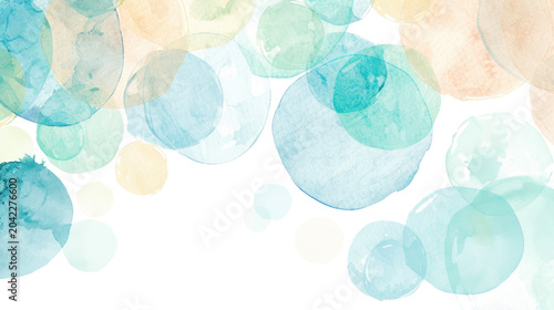 Abstract white canvas with pastel watercolor bubbles drifting creating clean commercial design space
