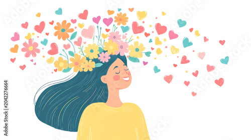 Minimal illustration female silhouette smiling floral rising head white background copyspace