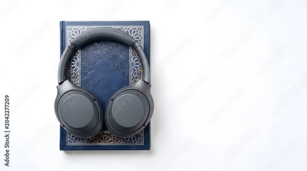 Obraz premium Premium Wireless Noise-Canceling Headphones on Islamic Geometric Notebook - White Studio Background