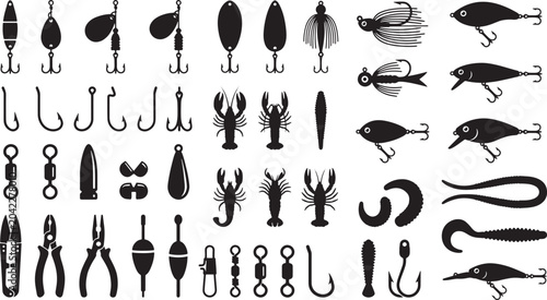 Fotografía Mega collection of fishing tackle and lures silhouette icons with hooks, baits,
