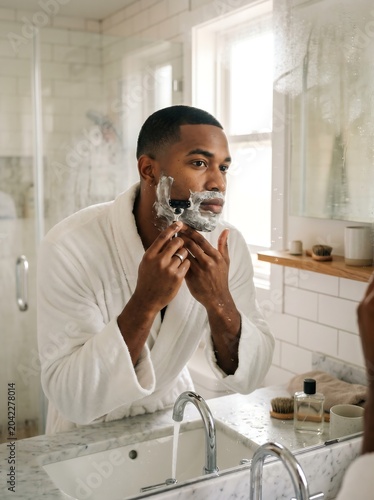Close up of a handsome Black man in a white robe carefully shaving his beard with a modern razor, conveying meticulous grooming details and symbolizing crisp masculinity.