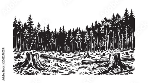 Canvastavla Environmental Impact of Logging Woodcut Scene