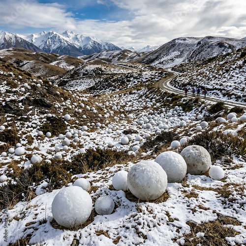Snow-covered eggs in rocky mountain landscape with winter frost and clouds