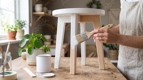 Person painting a wooden stool with white paint at home workbench
