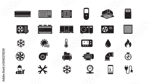 Set of HVAC and Air Conditioning System Icons in Flat Style