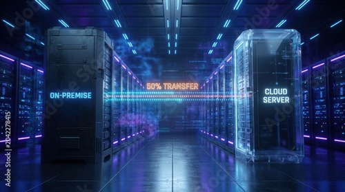 Cloud migration visualized between on premise hardware and glowing server rack.
