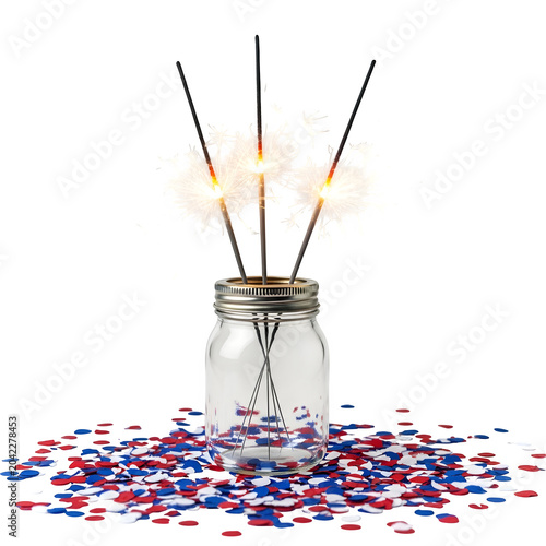 Colorful confetti with decorative brushes in jar isolated on white background