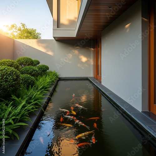 Tranquil courtyard with vibrant koi fish swimming in a serene water feature