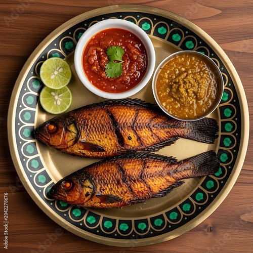 Two grilled whole fish with dips and lime slices on a decorative plate