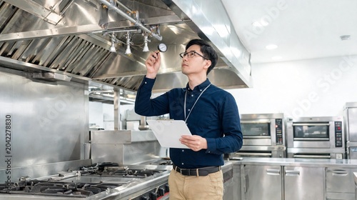 Chef holding pot and planning menu in professional kitchen
