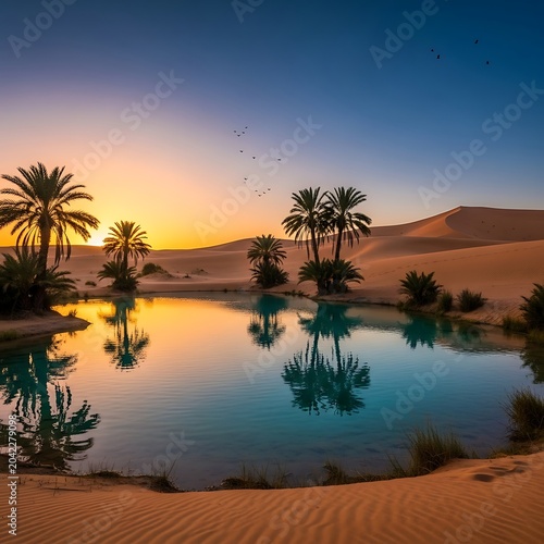 Tranquil desert oasis with palm trees reflecting in a clear blue pool at sunset