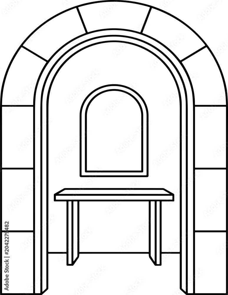 Fototapeta premium Archway with Niche, Shelf, and Small Window - Black and White Line Art