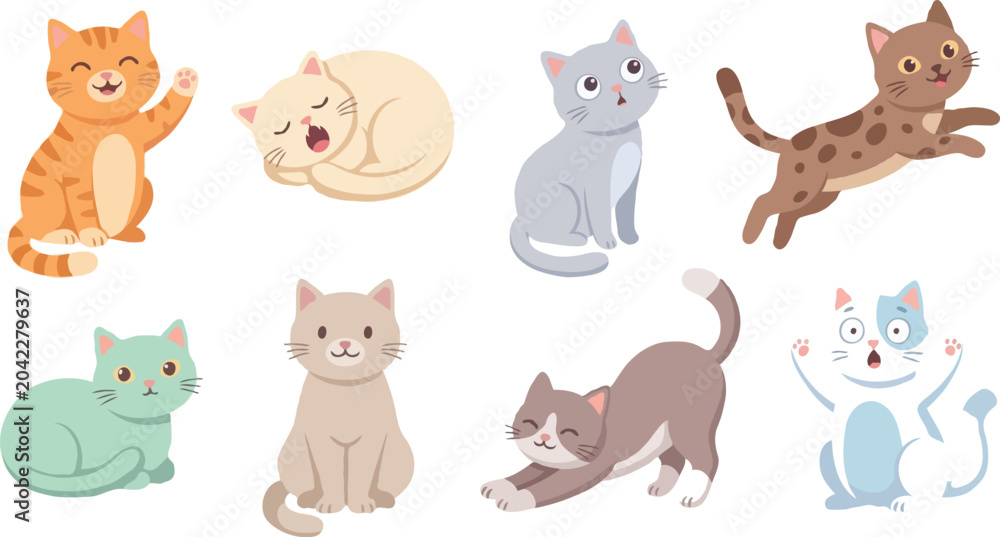 Fototapeta premium Collection of colorful cartoon cats and kittens sitting and playing on white background