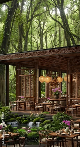Tranquil forest eatery with serene water features, lush plants, and natural wood