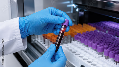 Hand holding a blood sample for automated clinical analysis in a modern laboratory. blood sample tube in an automated laboratory analyzer