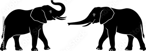 Canvas Print Black silhouettes of two elephants walking with raised trunks facing each other