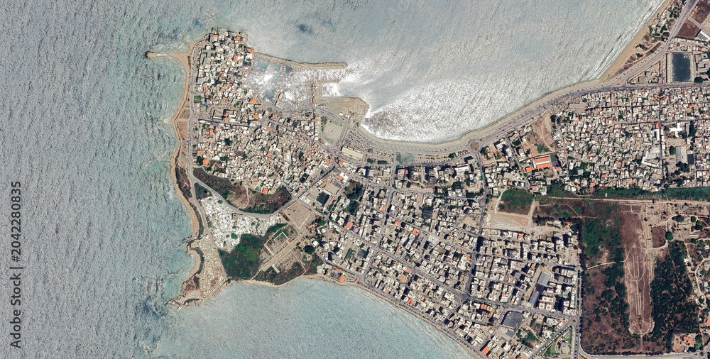 Obraz premium Tyre Lebanon Coastal City Satellite Image, Mediterranean Peninsula