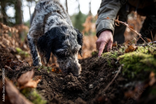 truffle. truffle hunting journey and discovery. Dog with spotted fur sniffing ground in forest while human points at soil, autumn leaves scattered around