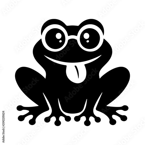 Funny frog silhouette cartoon character with big eyes and tongue out, cute black amphibian mascot vector illustration isolated on white background