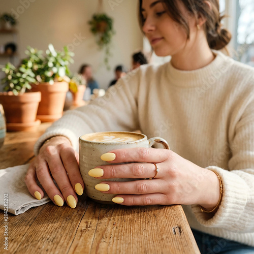 Woman holding warm golden latte cup in cozy cafe with plants and soft light