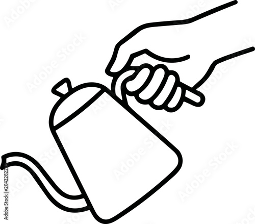 Photography Hand pouring hot water from a gooseneck kettle for coffee or tea, line art illus