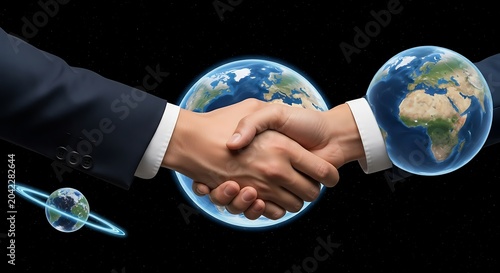 Two hands in a suit shake over glowing Earths against a starry void