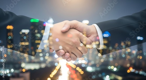 Two hands in suits clasping firmly, overlaid on a blurred city skyline at night